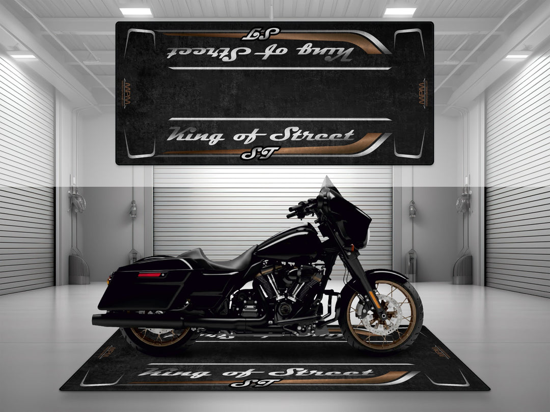 Motorcycle garage pit mat designed for Harley Davidson Street Glide ST in Vivid Black color.