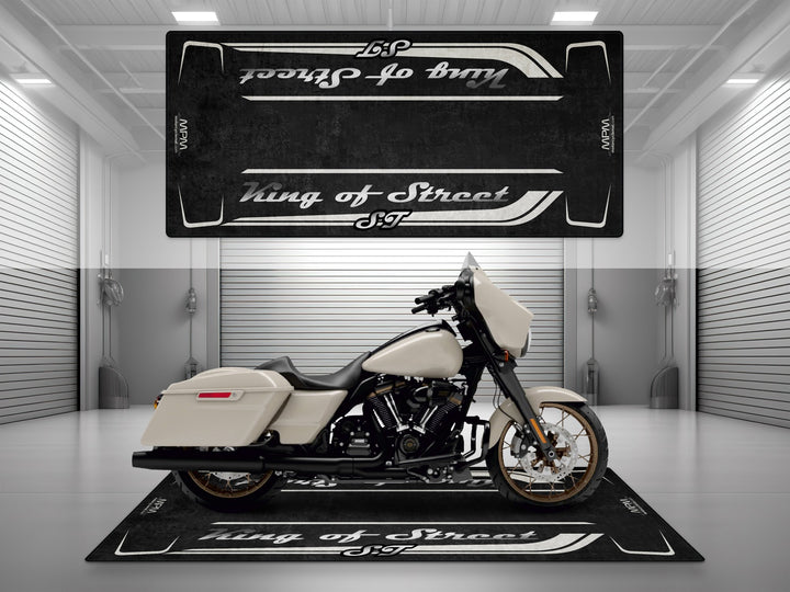 Motorcycle garage pit mat designed for Harley Davidson Street Glide ST in White Sand Pearl color.