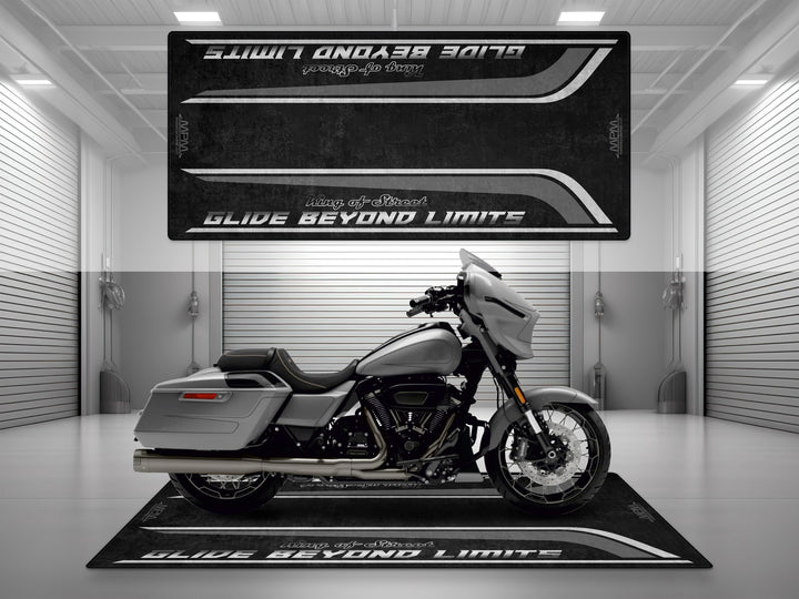 Motorcycle garage pit mat designed for Harley Davidson Street Glide CVO in Dark Platinum color