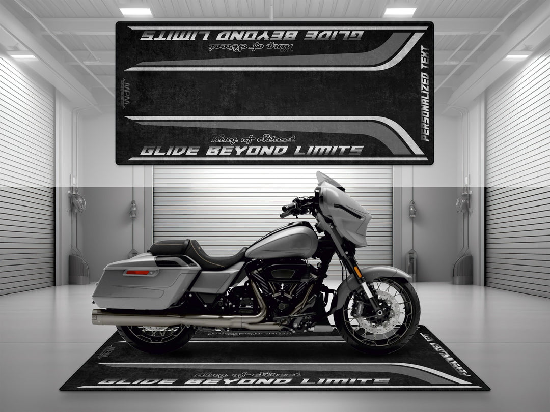 Customizable motorcycle garage pit mat designed for Harley Davidson Street Glide CVO in Dark Platinum color