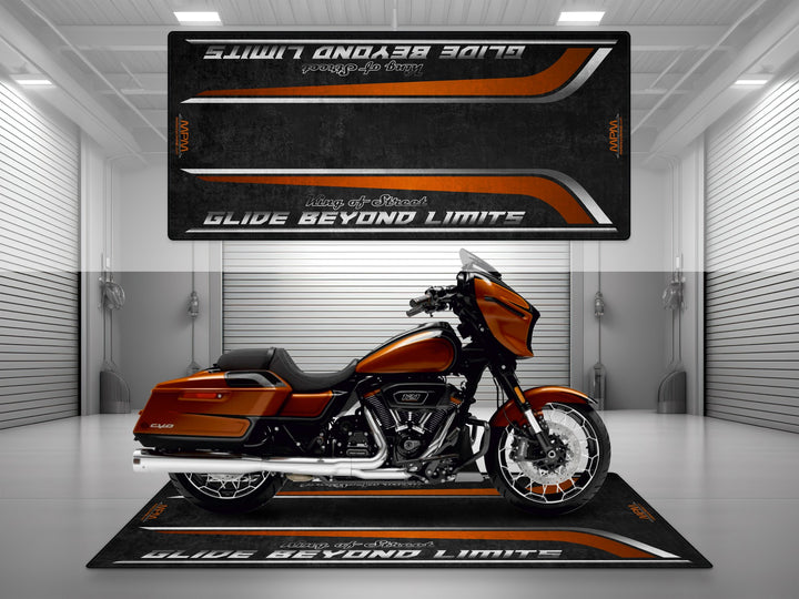 Motorcycle garage pit mat designed for Harley Davidson Street Glide CVO in Whiskey Neat color