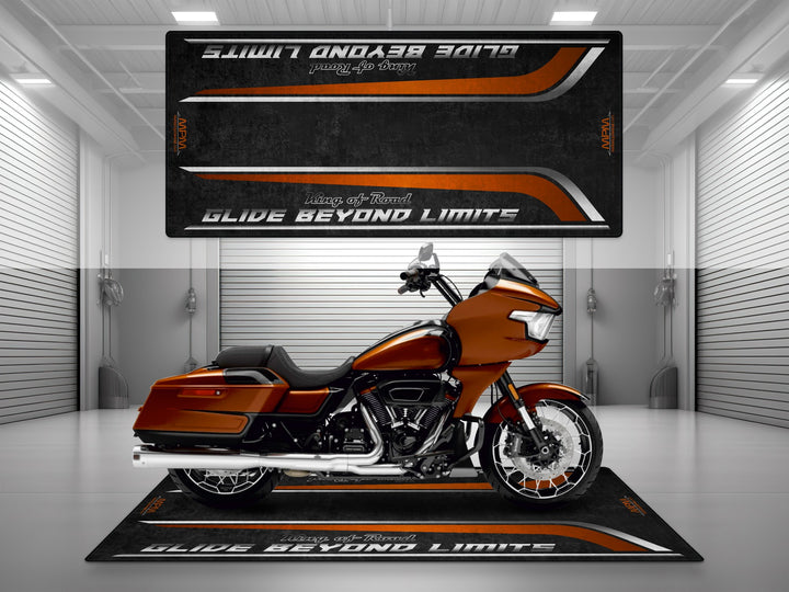 Garage pit mat designed for Harley Davidson Road Glide CVO in Whiskey Neat color