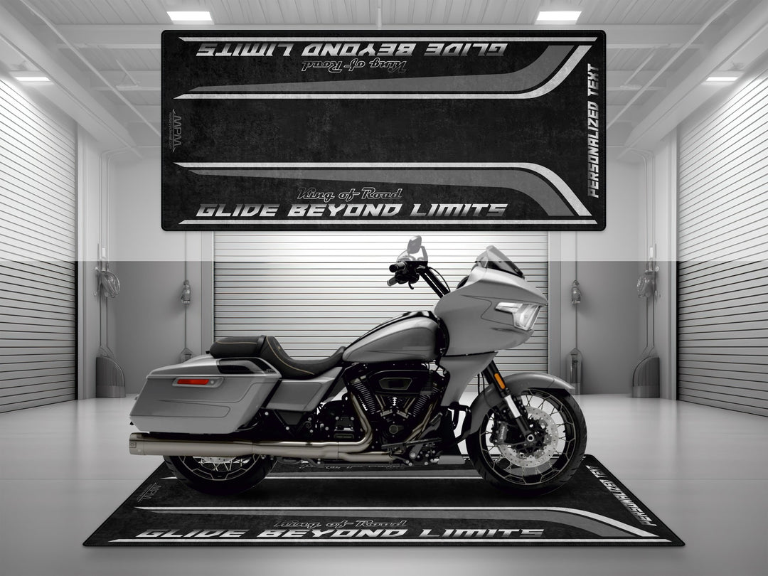 Customizable garage pit mat designed for Harley Davidson Road Glide CVO in Dark Platinum color.