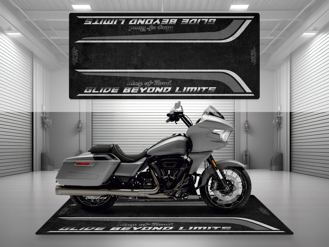 Garage pit mat designed for Harley Davidson Road Glide CVO in Dark Platinum color