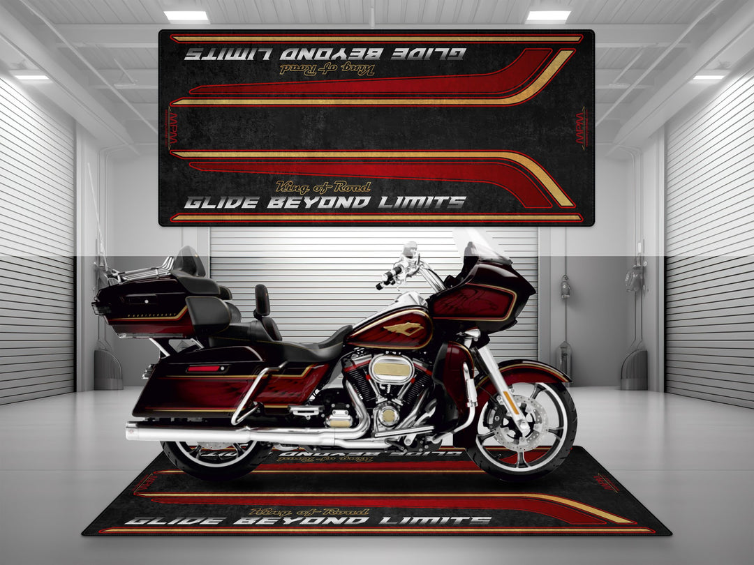 Garage pit mat designed for Harley Davidson Road Glide Limited in Heirloom Red Fade color