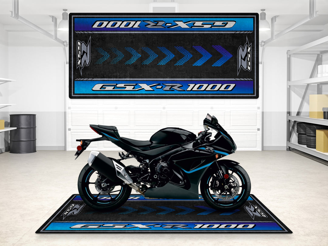 GSX-R1000 garage mat with blue-black design. Ideal pit mat for showroom, parking mat, and rider essentials display.
