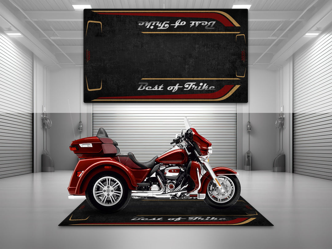 Motorcycle garage pit mat designed for Harley Davidson Tri Glide in Heirloom Red Fade color.