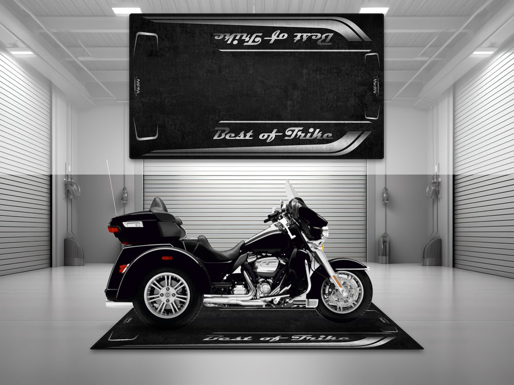 Motorcycle garage pit mat designed for Harley Davidson Tri Glide in Vivid Black color.
