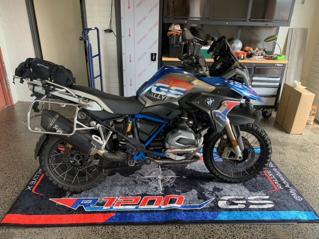 BMW R1250 GS Black White Blue Motorcycle Garage Mat as custom pit rug gift for adventure rider
