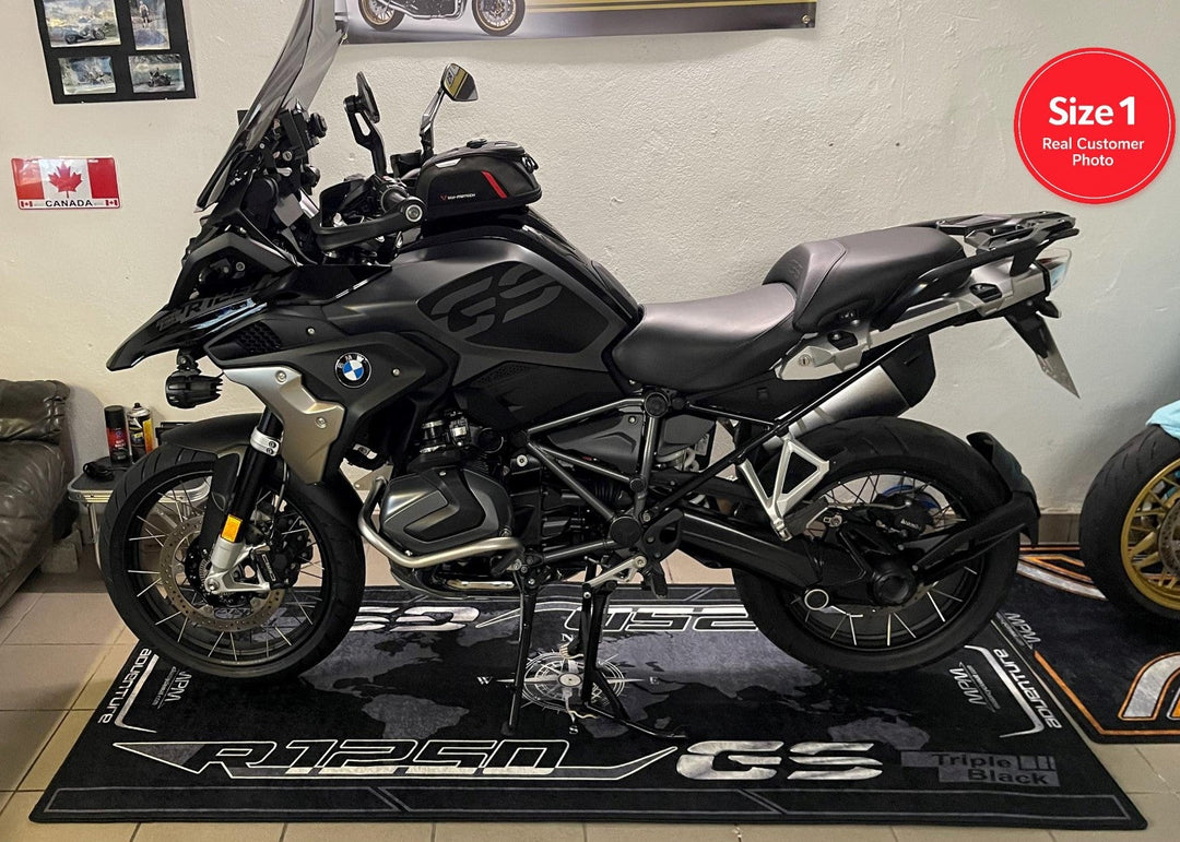 BMW R1250 GS Black White Blue Motorcycle Garage Mat as custom pit rug gift for adventure rider