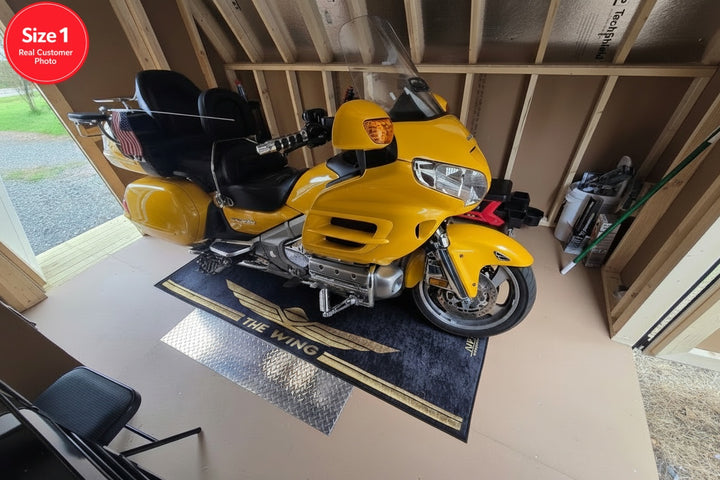 Honda Goldwing motorcycle garage pit mat, premium non-slip floor rug for touring setup.