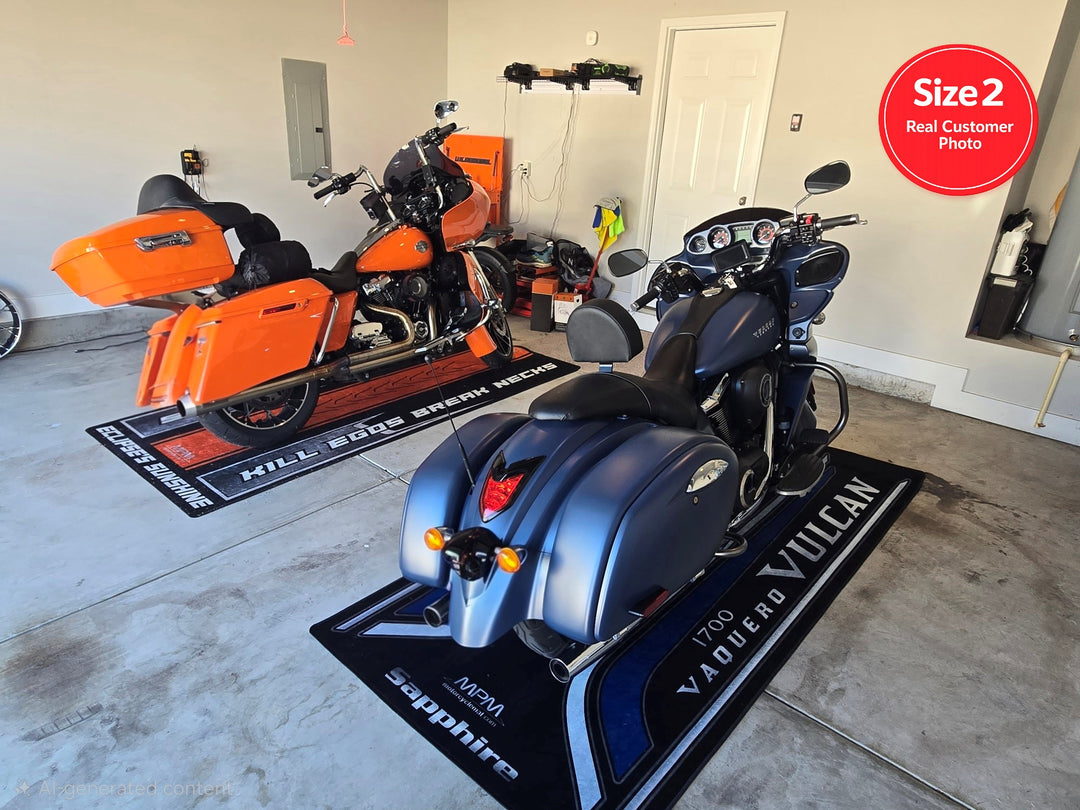 Kawasaki Vulcan Vaquero 1700 garage pit mat, durable non-slip motorcycle floor rug for touring cruiser setup.