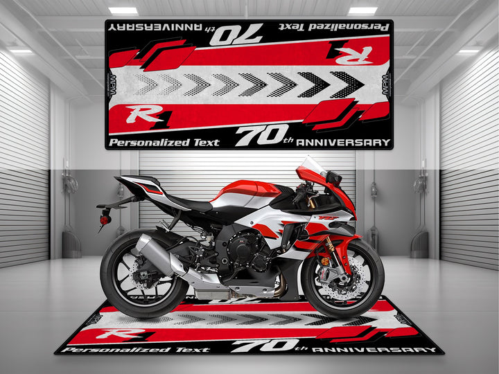 Yamaha R1 70th Anniversary Red White Motorcycle Garage Mat as custom pit rug gift for rider