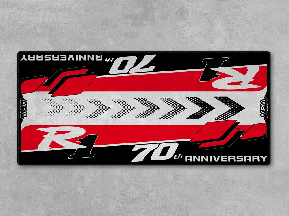 Yamaha R1 70th Anniversary Red White Motorcycle Garage Mat in racetrack track prep setting