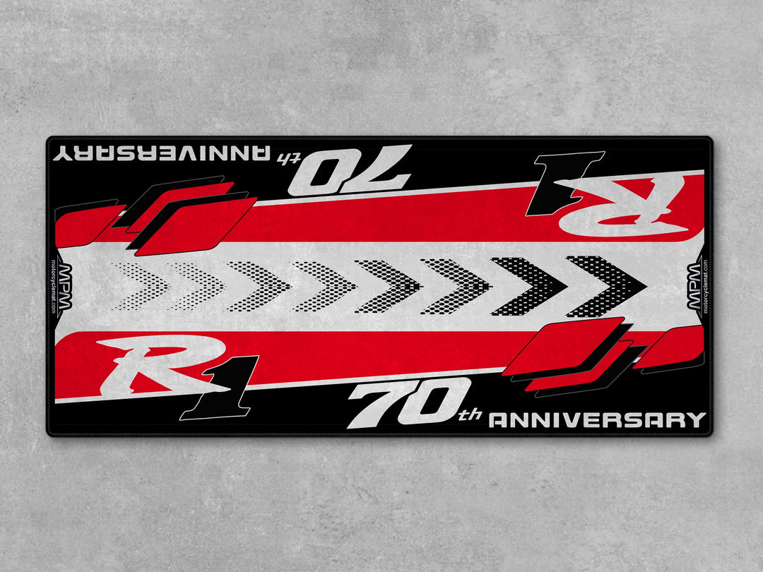 Yamaha R1 70th Anniversary Red White Motorcycle Garage Mat in racetrack track prep setting