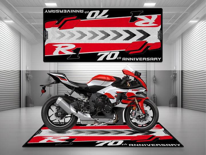 Yamaha R1 70th Anniversary Red White Motorcycle Garage Mat displayed on MPM showroom bike zone