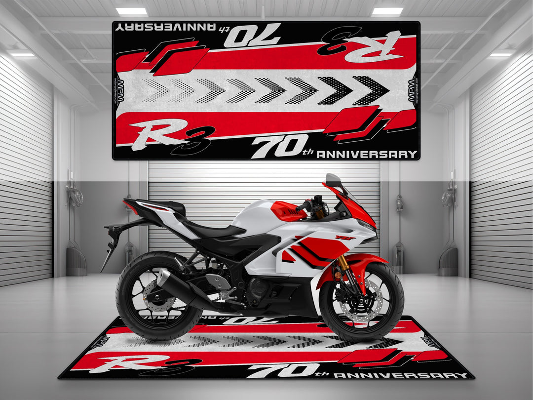 Yamaha R3 70th Anniversary Red White Motorcycle Garage Mat displayed on MPM showroom bike zone