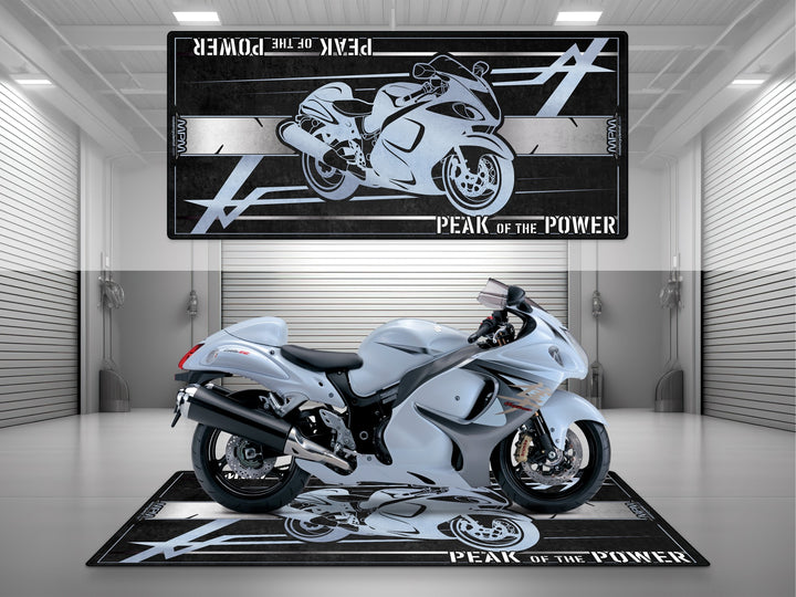 Gen 2 Hayabusa White display mat – ideal bike zone rug for motorcycle gear, track prep, and garage floor accessory.  
