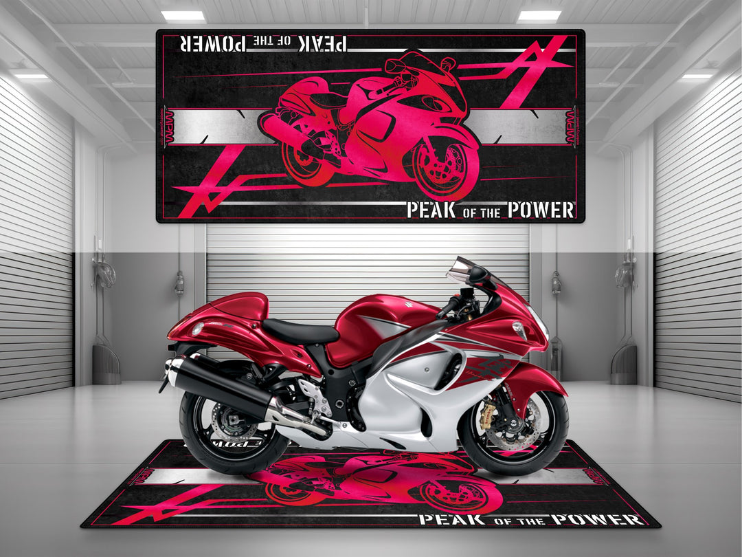 Red Hayabusa Gen 2 motorcycle parking mat – perfect garage floor protection with Thermoplastic Rubber base and rugged grip.  

