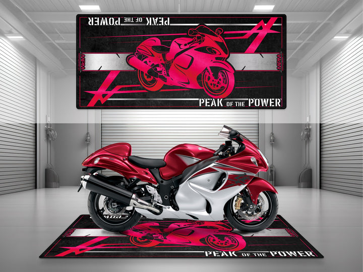 Red Hayabusa Gen 2 motorcycle parking mat – perfect garage floor protection with Thermoplastic Rubber base and rugged grip.  
