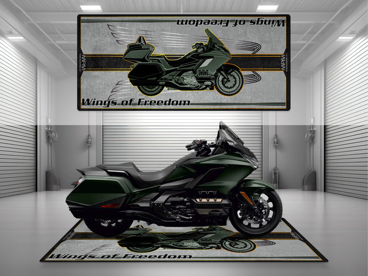 Garage mat for Honda Goldwing riders. High-quality floor cover with Wings of Freedom design and Thermoplastic Rubber base.
