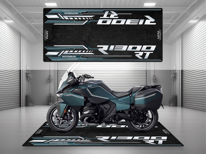 BMW R1300 RT Option 719 Camargue Teal-Black Motorcycle Garage mat for parking mat pit mat floor cover showroom motorcycle display.
