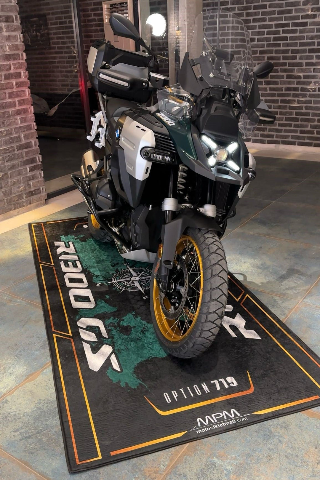 BMW R1300 GS Adventure Bike Garage Mat displayed in home workshop bike zone