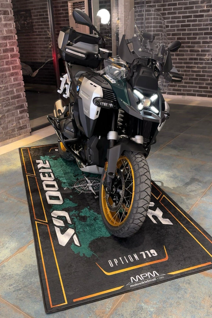 BMW R1300 GS Adventure Bike Garage Mat displayed in home workshop bike zone