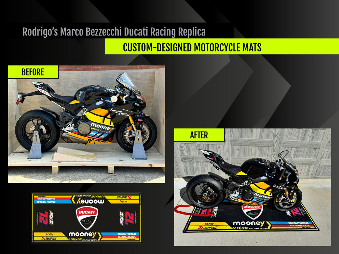 MPM Custom Works garage mat for motorcycles. Custom pit rug and gift for bikers, with unique design made to protect floors and show off your ride.