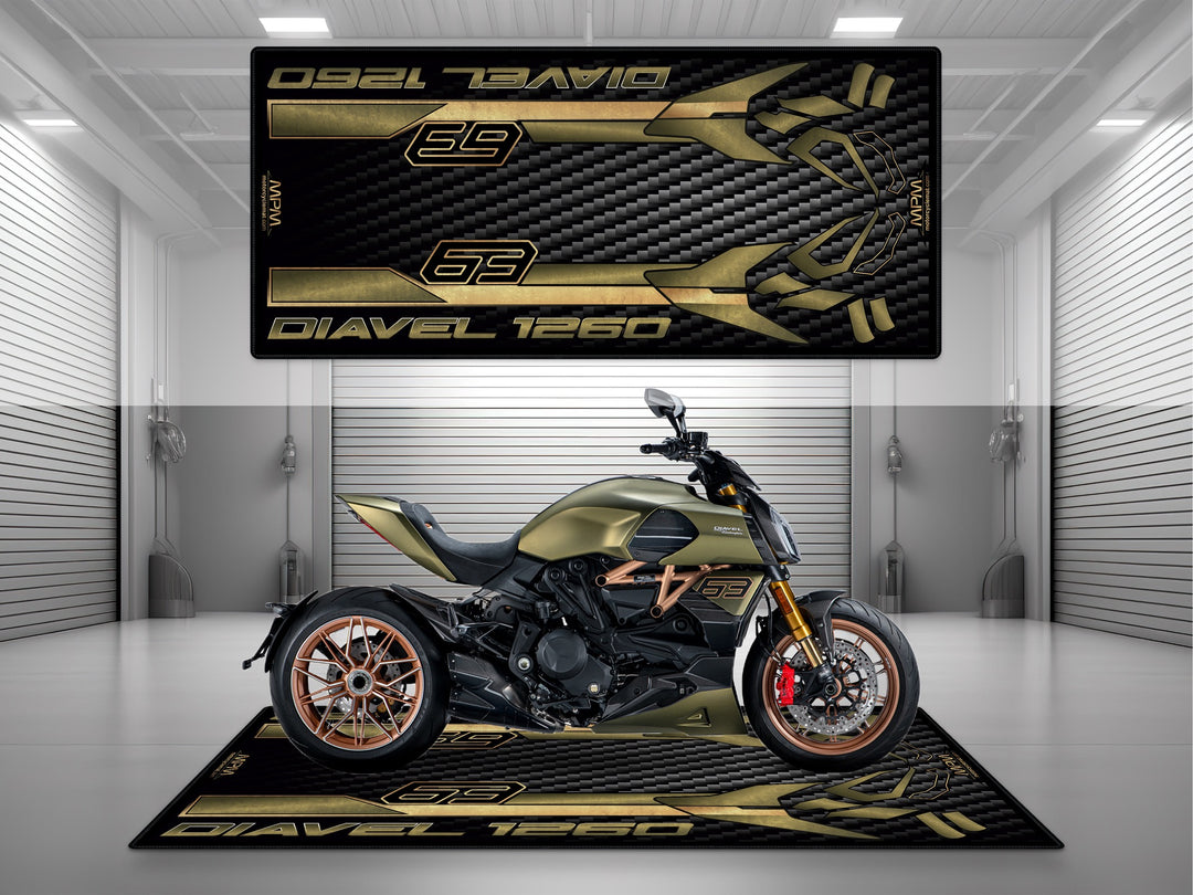 Ducati Diavel 1260 Lamborghini Edition Gold-Black Motorcycle Garage mat for parking mat pit mat floor cover showroom display.

