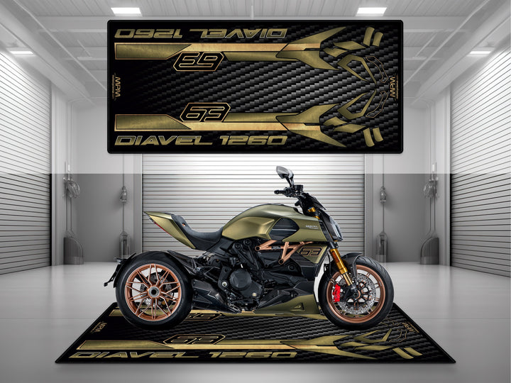 Ducati Diavel 1260 Lamborghini Edition Gold-Black Motorcycle Garage mat for parking mat pit mat floor cover showroom display.

