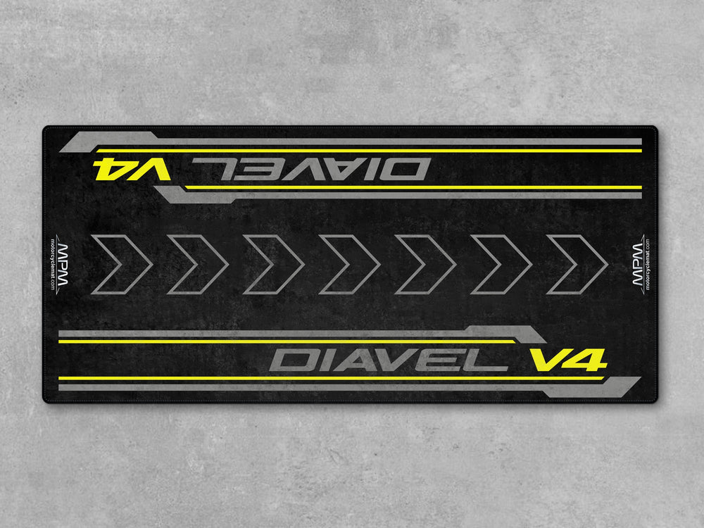 Custom pit mat for Ducati Diavel Black Roadster Livery. Durable Thermoplastic Rubber with non-slip base for racetrack or bike zone use.
