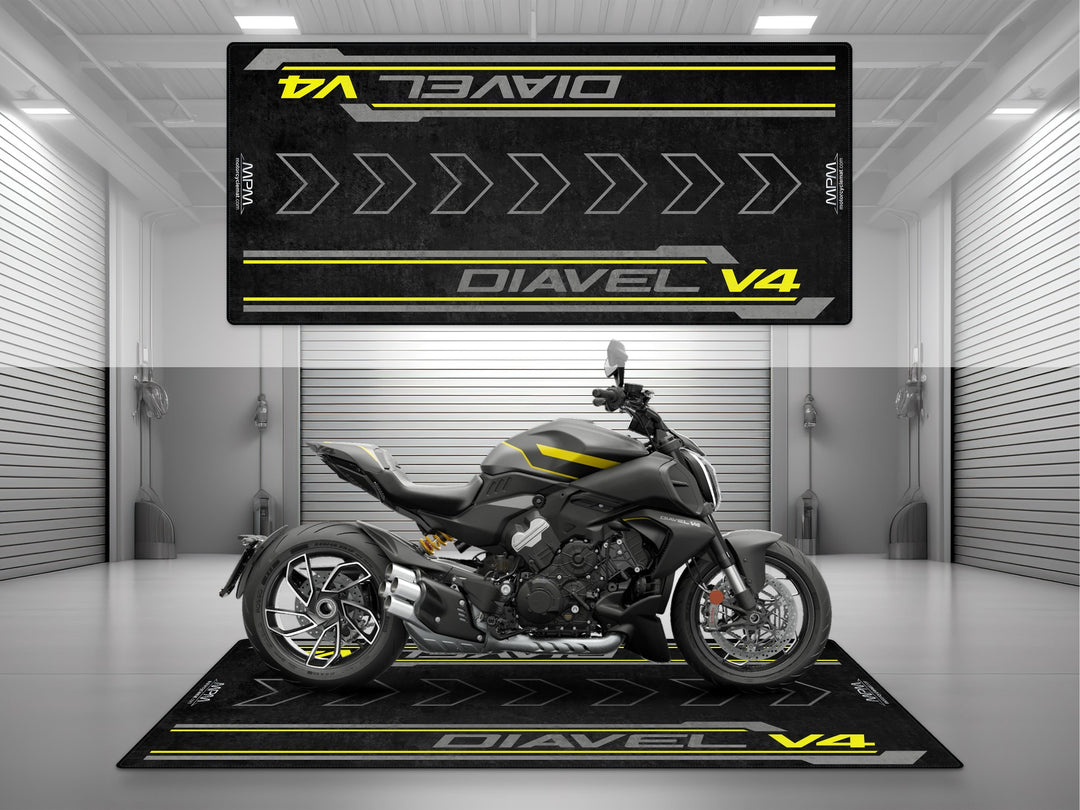Garage mat for Ducati Diavel Black Roadster. Perfect floor cover for showroom setups, track prep, or daily garage floor protection.
