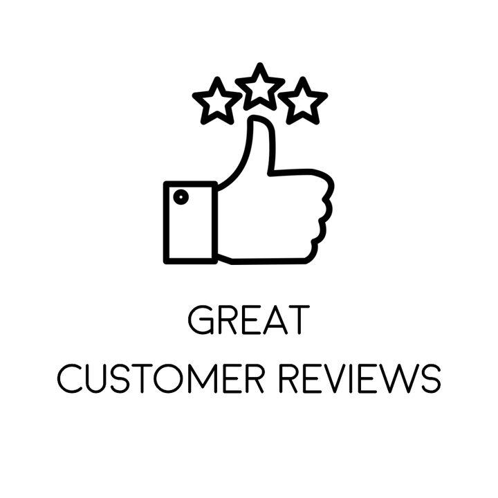 Great customer reviews icon with thumbs up and star rating, highlighting positive customer feedback and high satisfaction for MPM Motorcycle Mat products.