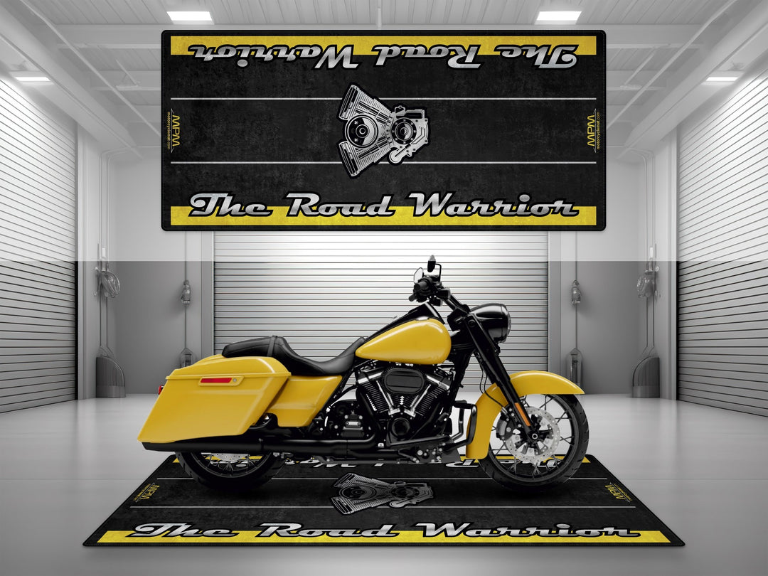 Customizable motorcycle garage pit mat designed for Harley Davidson Road King in Industrial Yellow color.