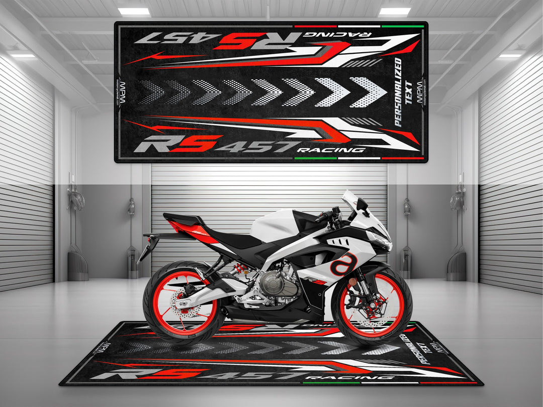 Personalized parking mat for Aprilia RS 457 Opalescent Light. Custom garage mat, motorcycle gift, and floor pad designed for parts and accessory lovers.

