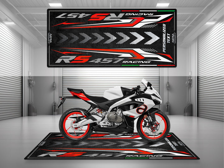 Personalized parking mat for Aprilia RS 457 Opalescent Light. Custom garage mat, motorcycle gift, and floor pad designed for parts and accessory lovers.
