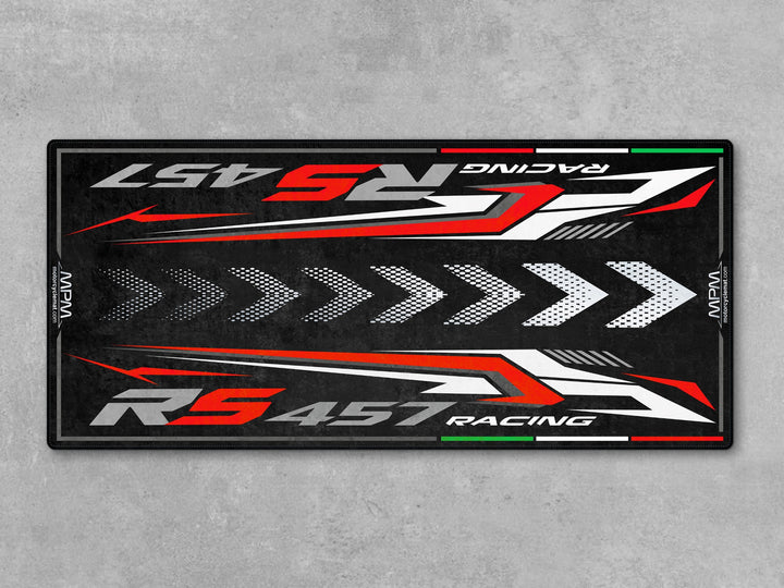 Aprilia RS 457 Opalescent Light garage mat. Rugged parking mat and garage floor cover for sportbike display, parts protection, and stylish setup.

