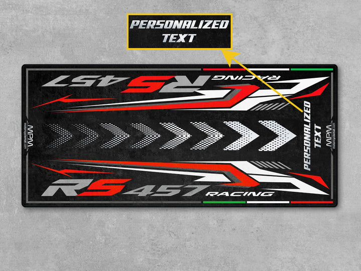 Custom garage mat for Aprilia RS 457 Opalescent Light. Unique floor cover and rider gift idea for parts-focused sportbike storage and garage styling.
