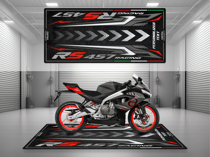 Personalized parking mat for Aprilia RS 457 Prismatic Dark. Custom floor cover, motorcycle parts gift, and garage mat for stylish rider presentation.
