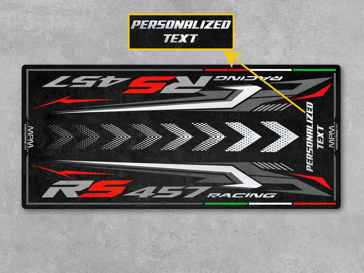 Custom garage mat for Aprilia RS 457 Prismatic Dark. Unique motorcycle accessory, parking pad, and parts-focused gift for sportbike lovers and garages.
