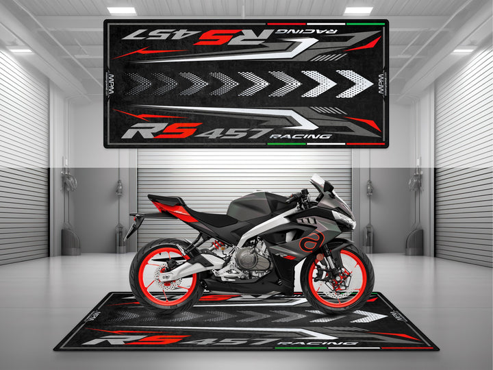 Garage and parking mat for Aprilia RS 457 Prismatic Dark. Sportbike floor cover, motorcycle gift and parts accessory for garage protection and style.
