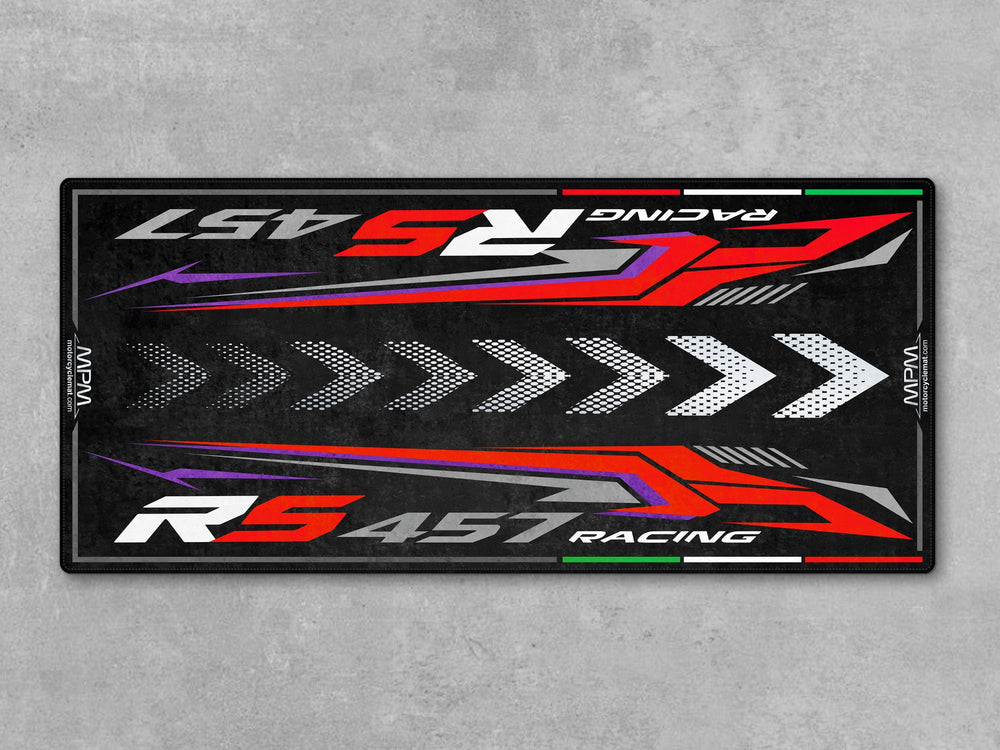 Aprilia RS 457 Racing Stripes garage mat. Rugged parking mat and floor cover designed for sportbike lovers seeking protection, parts storage, and display.
