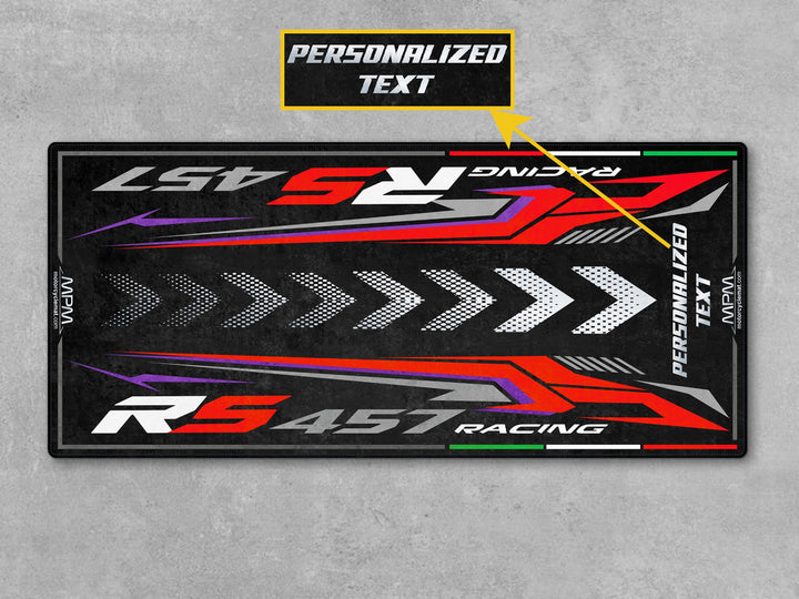Custom garage mat for Aprilia RS 457. Racing Stripes floor cover and parts-ready parking pad — ideal rider gift and personalized garage display upgrade.
