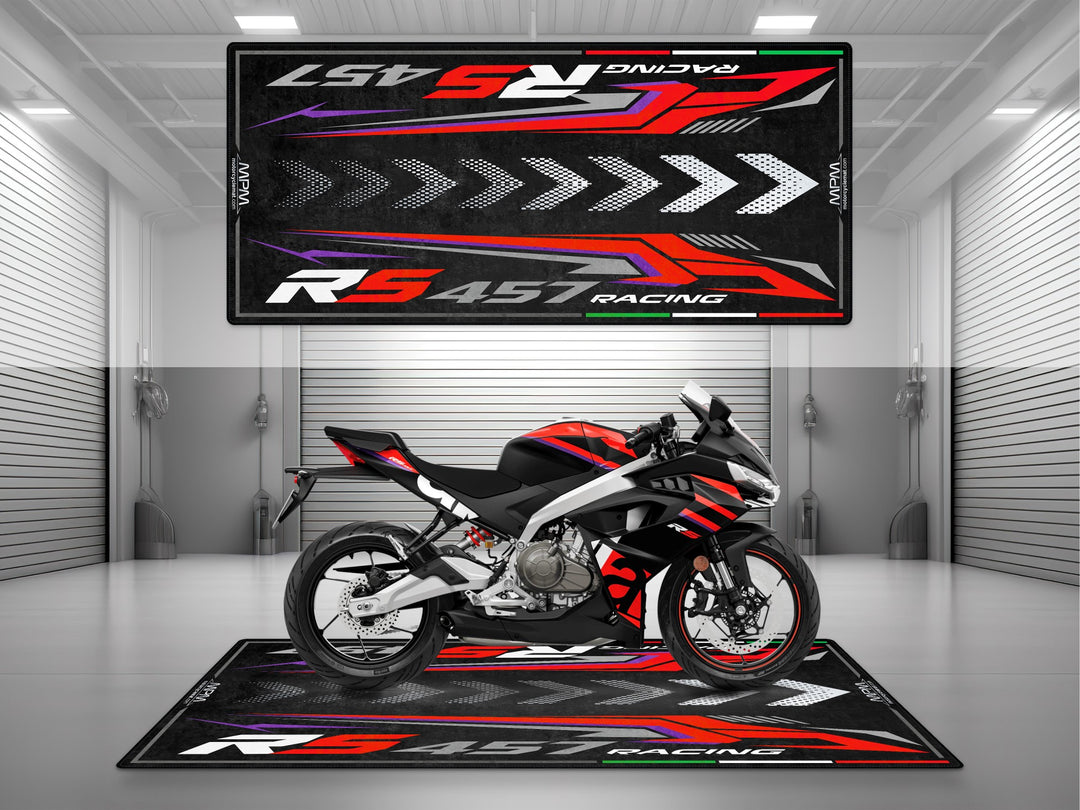 Garage and parking mat for Aprilia RS 457 Racing Stripes. Ideal motorcycle parts gift and garage floor cover accessory to protect and showcase your bike.
