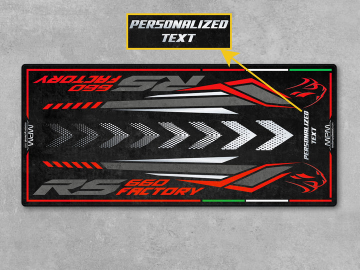 Custom parking mat for Aprilia RS 660 Dark Banshee. Rider gift and parts accessory with garage floor protection and personalized display-ready style.
