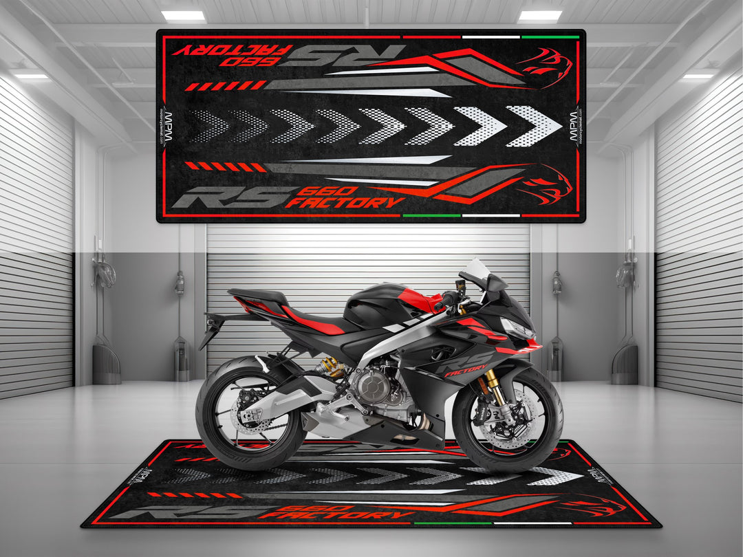Garage and parking mat for Aprilia RS 660 Factory Dark Banshee. Motorcycle parts accessory and floor cover gift to protect your garage with sportbike style.