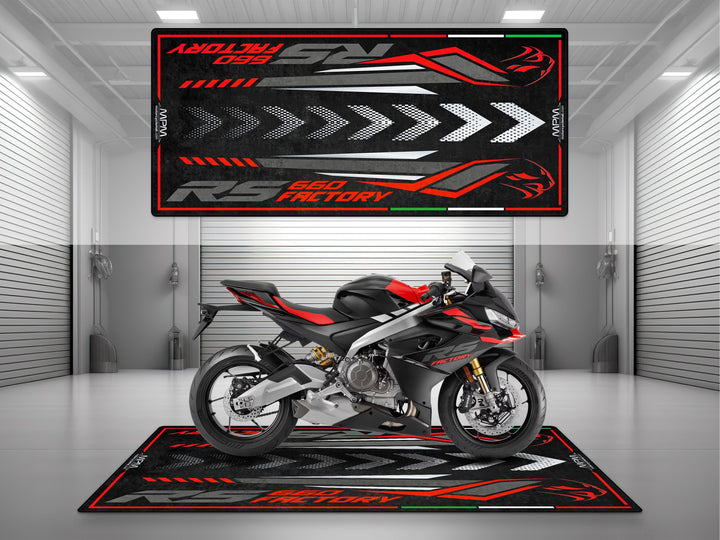Garage and parking mat for Aprilia RS 660 Factory Dark Banshee. Motorcycle parts accessory and floor cover gift to protect your garage with sportbike style.