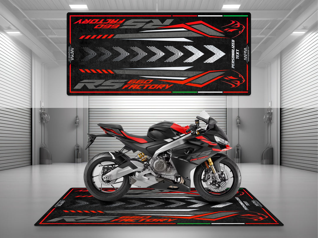 Personalized garage mat for Aprilia RS 660 Factory Dark Banshee. Custom motorcycle gift and parking floor mat made to fit your parts and garage style.
