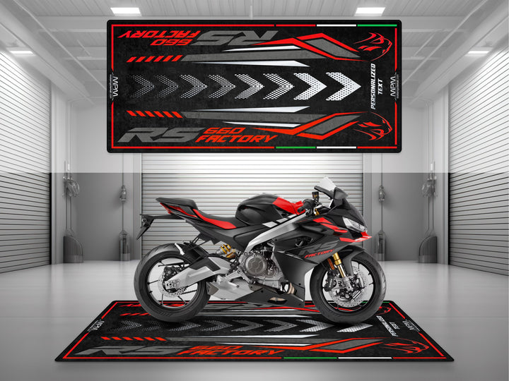 Personalized garage mat for Aprilia RS 660 Factory Dark Banshee. Custom motorcycle gift and parking floor mat made to fit your parts and garage style.
